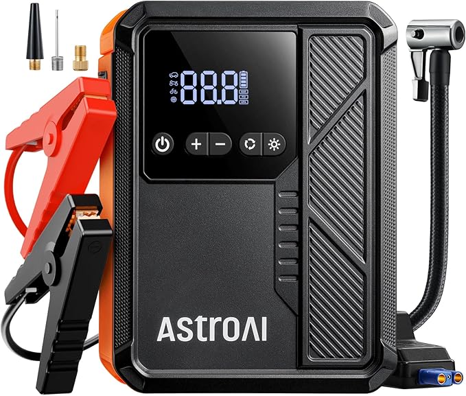 AstroAI Beta822 3000A Jump Starter with Air Compressor, 150PSI Portable Tire Inflator with Auto-Shutoff, 12V Car Battery Booster (9.0 Gas/7.0L Diesel) with LED Light and Jumper Cables