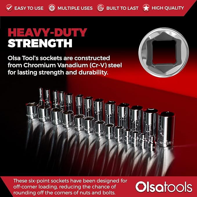 Olsa Tools SAE Deep Socket Set - 1/4-Inch Drive, 13pc - 6-Point Chrome Sockets from 1/8" to 5/8" and No Skipped Sizes - Mechanic Deep SAE Socket Set - Professional Grade Long Sockets - Part: 1329