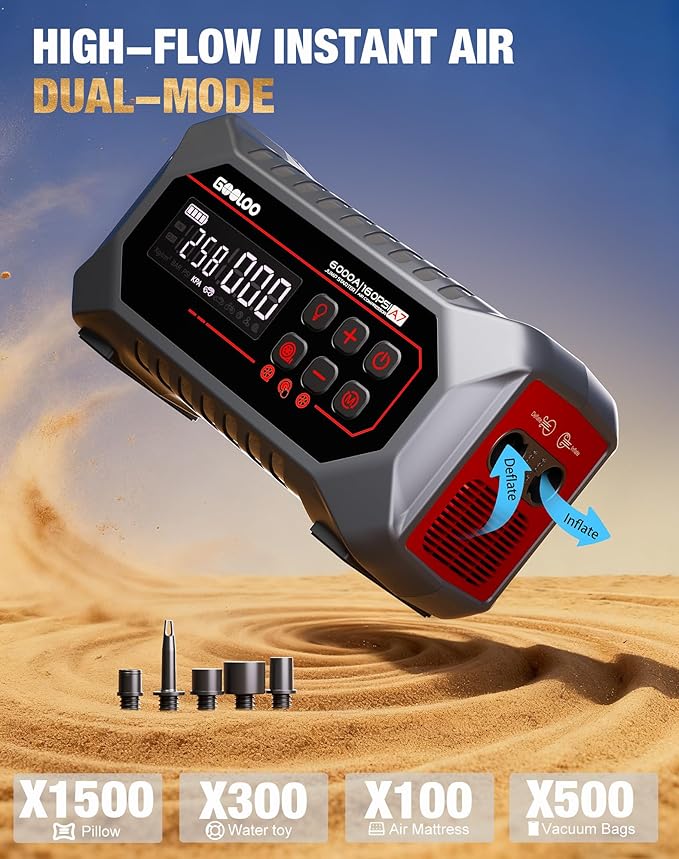 GOOLOO A7 Jump Starter with Air Compressor, 6000A &160PSI 12V Car Battery Jumper Starter Portable Booster Pack, 12-in-1 Jump Box (All Gas & 10L Disel) with Tire Inflator & Air Pump(Inflate& Deflate)