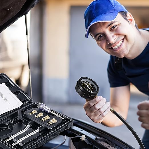 9 Pieces Automotive Compression Tester Kit and Spark Plug Tester, Universal Car and Motorcycle Engine Testing Tools for Cylinder Pressure Gauge (Black)