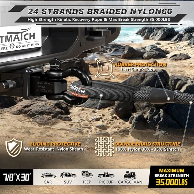 AUTMATCH Kinetic Recovery Tow Rope 7/8" x 30FT - Heavy Duty Energy Recovery Tow Rope 35000Lbs, 35% Elasticity Offroad Snatch Strap for 4x4 Off-Road Vehicle, Truck, Trailer, ATV, UTV, Black