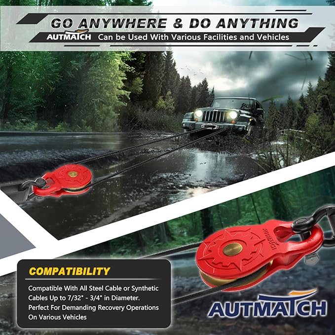 AUTMATCH Winch Snatch Block 18 Ton - Winch Pulley (79,366 Lbs) Break Strength, Heavy Duty Off Road Recovery Towing Pulley Blocks for Synthetic Rope or Steel Cable, Truck, UTV, ATV, Red