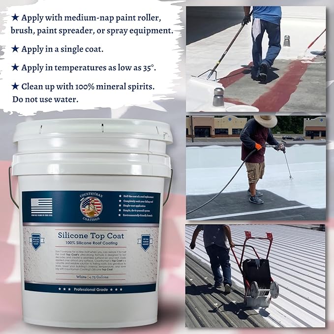 Countryman Coatings 100% Silicone Roof Coating - Restore Your Roof in a Day - Seal Leaks, Cracks, Seams, Penetrations - Adheres to All Surfaces (4.75 Gallon, White)