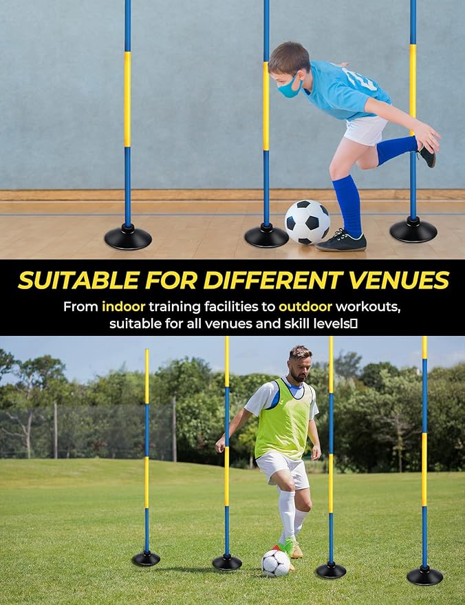 SEAOTTER Soccer Agility Poles Set, 4/6/10 Pcs 6ft Detachable Sports Trainning Speed Poles Slalom Poles with Rubber Base, Agility Training Equipment for Football, Rugby, Basketball, Indoor & Outdoor
