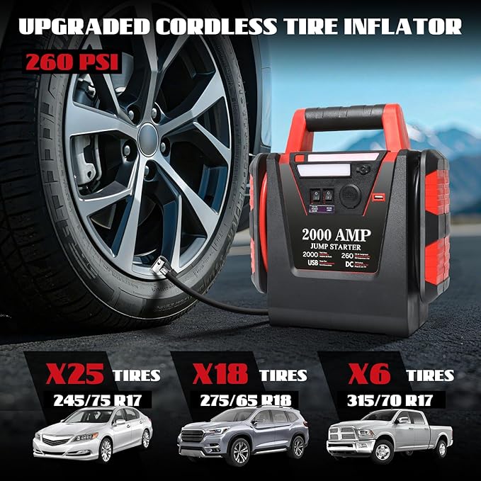 Jump Starter with Air Compressor,2000A Car Battery Jumper Starter 260 PSI Tire Inflator,6 in 1 Auto Lead-Acid Battery Booster Jump Starter for Up to 10.0L Gas or 8.0L Diesel with LED Light