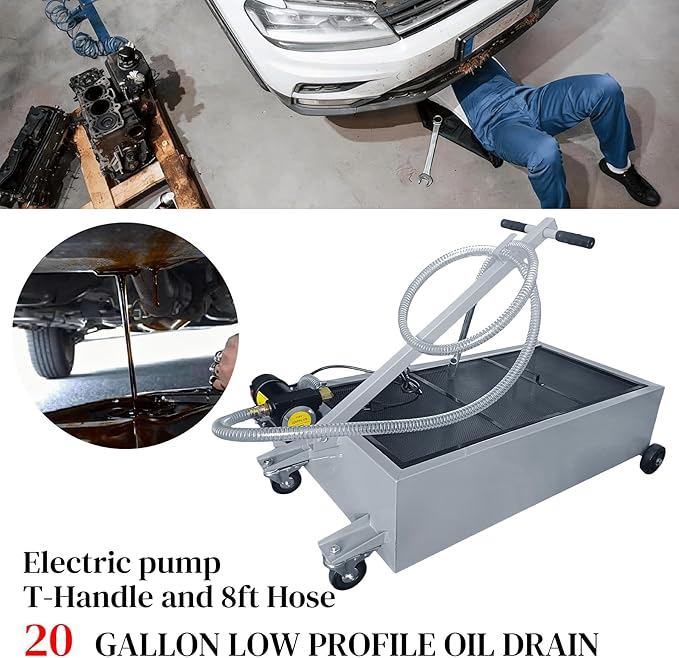 20 Gallon Oil Drain Pan, Low Profile Oil Pans for Changing Oil, w/Electric Pump, T-Handle and J-Hook Makes Drain Easier, Ideal for Car, Truck, Gray