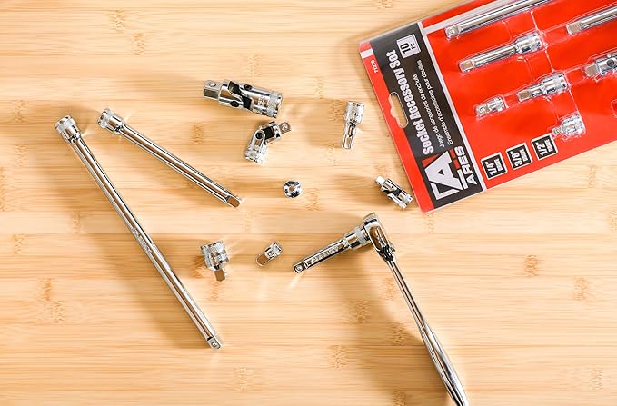 ARES 71270-10-Piece Socket Accessory Set - Premium Chrome Vanadium Steel with Mirror Finish - Includes Socket Adapters, Extensions and Universal Joints