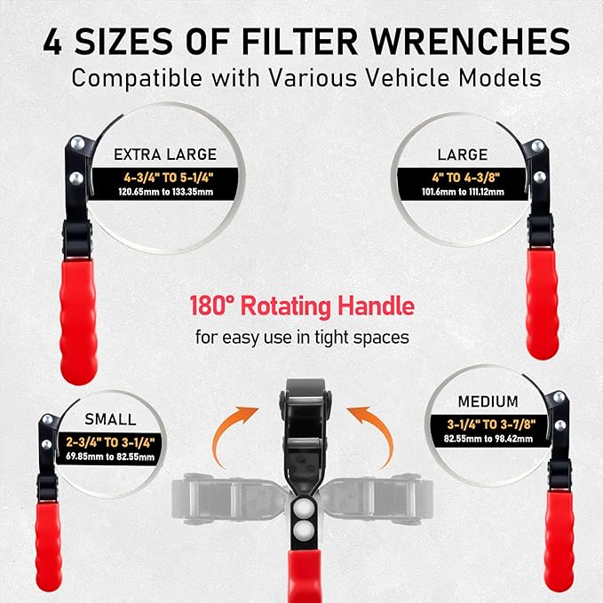 Oil Filter Wrench Set, 8 Piece Adjustable Oil Filter Pliers 2-3/4" to 5-1/4", 9" & 12" Universal Oil Filter Removal Tool with 1/2" to 3/8" Adapter, Organized in Storage Case (8-Piece Set)