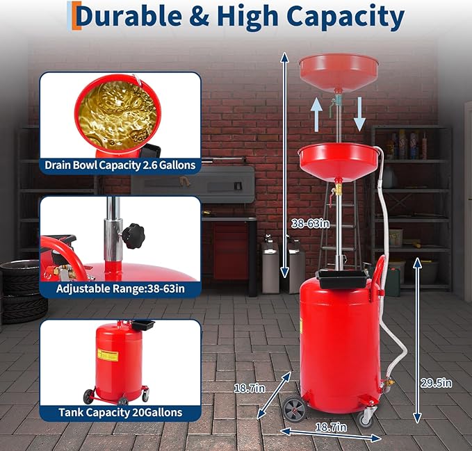 20 Gallon Waste Oil Drain Tank Portable Air Operated Oil Drainer with Adjustable Funnel Height 38 to 65 Inches 15 Inch Funnel Fluid Fuel Transfer Drain Container with 360 Degree Wheels and Toolbox Red