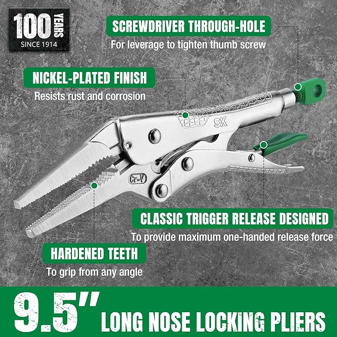 SK 9.5" Long Nose Locking Pliers, Premium CR-V Construction, Ergonomic Anti-slip Handle, Ideal for Welding or Assembly