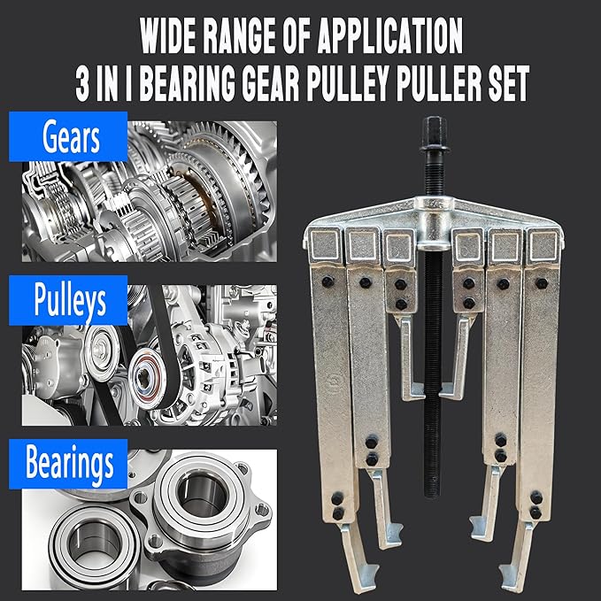 Gear Puller Set, 3 in1 Heavy Duty Bearing/Pulley Puller Kit, Lengthening Styles Cr-V Steel Gear Puller Tool for Removal Bearing, Gear, Pulley, Flywheel. Red