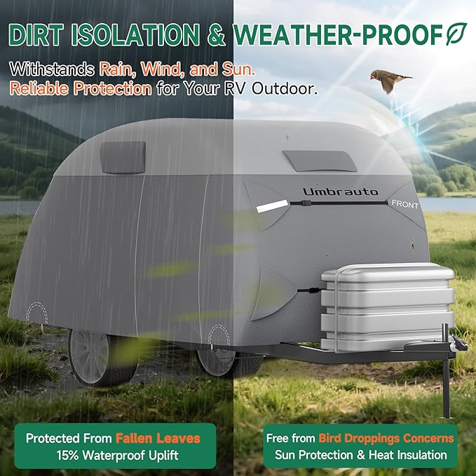 Umbrauto Teardrop Travel Trailer Cover Fits 10'-12' Trailers, 7 Layers Top Heavy Duty Waterproof Camper Cover with Windproof Strap for R-Pod Trailers, Clamshell Trailers