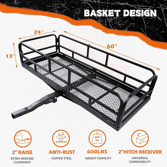 lugglage Basket 60x24x13 inches, Folds Flat, 600 Lbs Heavy Duty Hitch Cargo Basket with Waterproof Bag, Black，Luggage Storage (60X24X13 inch with Bag)