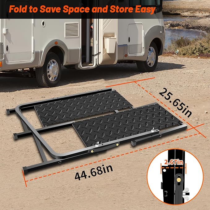 RV Step with Handrail, Foldable 2 Steps with Handle RV Stairs Home Ladder Foldable Stairs for 5th Wheel RV, Hot Tub, Outdoor Spa Pool