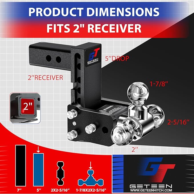 Geteen Trailer Hitches, Adjustable Trailer Hitch Ball Mount - Fits 2" Receiver, Tri-Ball (1-7/8" x 2" x 2-5/16"), 5" Drop, 10,000 GTW - GT20053B