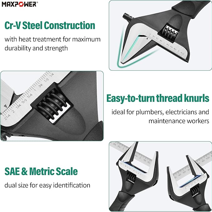 MAXPOWER 12 inch Adjustable Wrench, Wide Jaw Capacity 2.4 inch (60 mm)