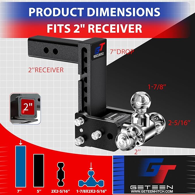 Geteen Trailer Hitches, Adjustable Trailer Hitch Ball Mount - Fits 2.0" Receiver, Tri-Ball (1-7/8" x 2" x 2-5/16"), 7" Drop, 10,000 GTW - GT20073B