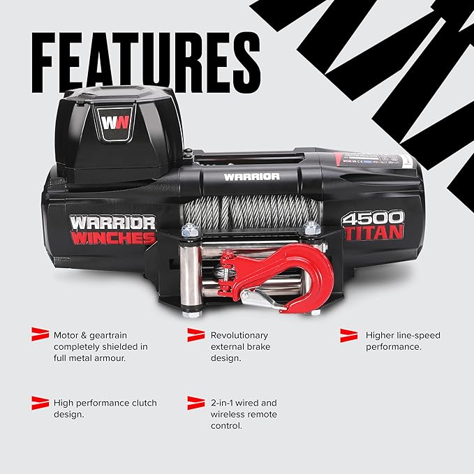Warrior Winches - Titan 4,500lb Steel Cable Electric Winch – 12V, 3.4HP Motor, 166:1 Planetary Gear, Wired/Wireless Remote, Manual Clutch, Spring Brake, ATV/UTV Winch