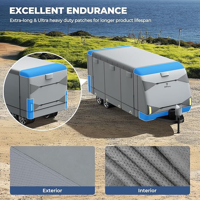 RVMasking Travel Trailer RV Cover 34-37ft, 7 Layers Extra-Thick Camper Cover Waterproof Windproof for Toy Hauler with 4 Tire Covers & Tongue Jack Cover & Propane Tank Cover, Light Gray