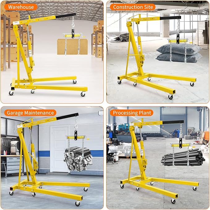 2-Ton Folding Engine Hoist Cherry Picker 4400 Lb Capacity Hydraulic Shop Crane with Telescoping Boom 6 Caster Wheels for Automotive Repair (Orange, Engine Hoist with Leveler)