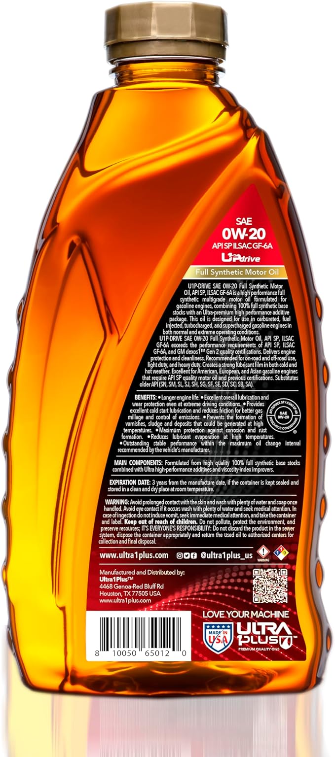 ULTRA 1PLUS SAE 0W-20 Full Synthetic Oil API SP ILSAC GF-6A - 0W20 Motor Oil, 6 Quarts