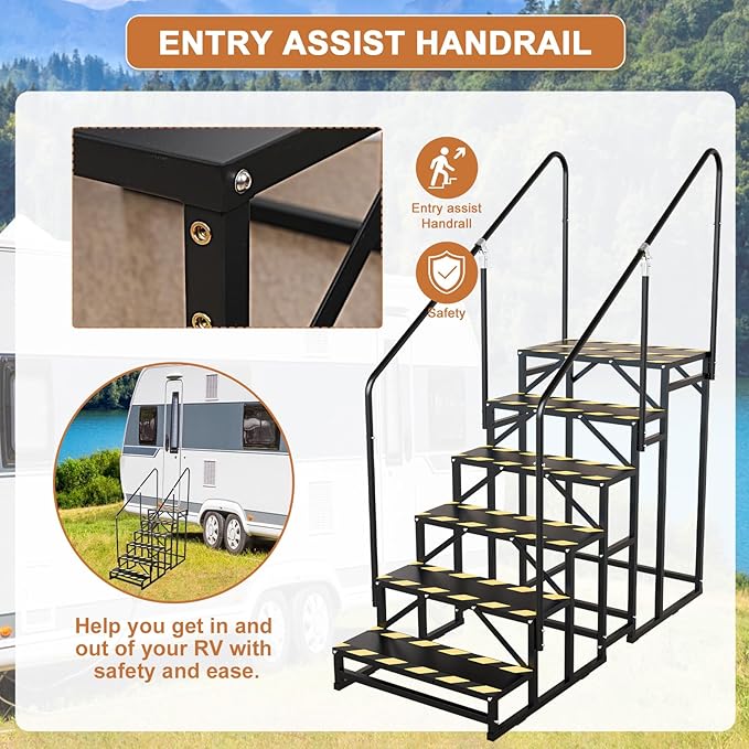 6 Step RV Stairs, Hot Tub Steps, Outdoor Spa Step Ladder with Handrail,Portable Economy 6th Wheel Stair for Travel Trailer, Motor Home, Camper and Porch with Non-Skid Tapes