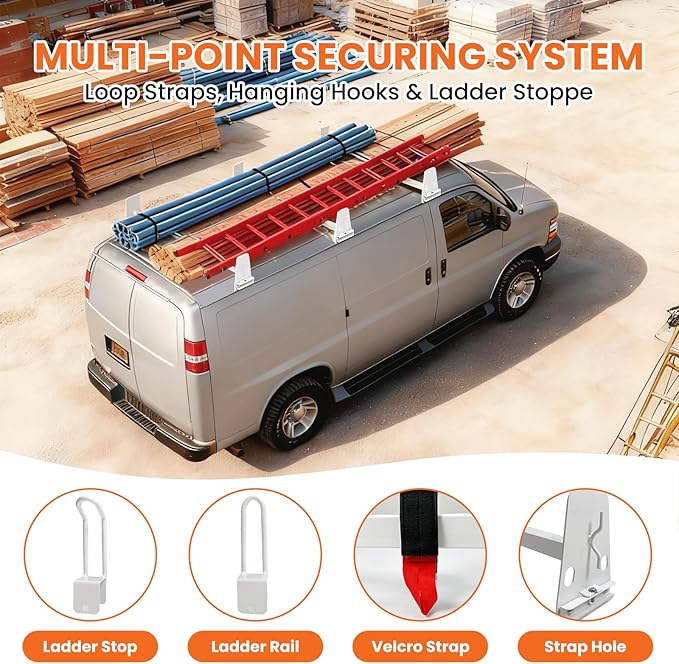 Van Roof Ladder Rack, 3 Adjustable Crossbars (48"-67") with Rain Gutter Mounts, Compatible with Chevy Express 1500/2500/3500, Ford Econoline, and GMC Savana Cargo Vans