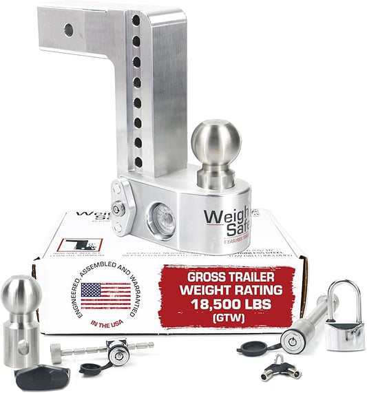 Weigh Safe Aluminum Adjustable Trailer Hitch - Towing Hitch with Built-In Tongue Weight Scale - Compatible with 2.5" Receivers - 8" Drop, Stainless Steel Tow Balls, 18,500 GTW, 4-Piece Lock Set