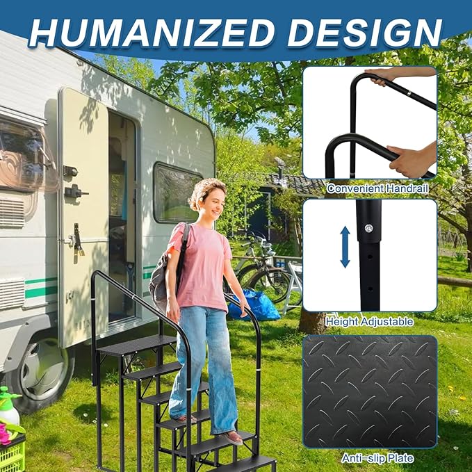 RV Steps, 6-Steps RV Stairs with Handrail Hot Tub Steps Camper Steps, Non-Slip Steps Outdoor Stairs for RV, Trailer, Mobile Home Stairs, Outdoor Spa