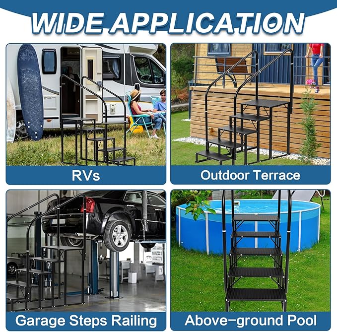 RV Steps, 5-Steps RV Stairs with Handrail Hot Tub Steps Camper Steps, Non-Slip Steps Outdoor Stairs for RV, Trailer, Mobile Home Stairs, Outdoor Spa