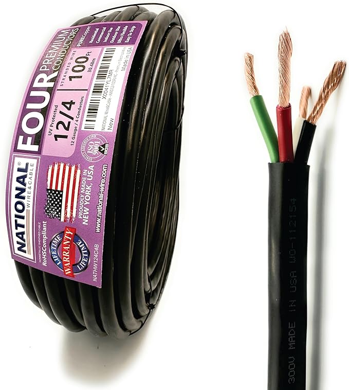 NATIONAL Wire & Cable – 12 AWG 4-Conductor Premium Copper Wire, 100 ft, Stranded | Made in USA, Heavy-Duty Flexible Jacket | Automotive, Solar, Home, RV, Indoor and Outdoor Use