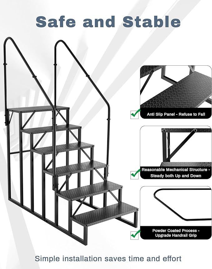 RV Steps with 2 Handrails｜6 Step RV Stairs with Handrail｜Update 3.0 Outdoor RV Ladders with Anti-Slip Pedals｜Mobile Home Stairs for Travel Trailers｜Heavy Duty Hot Tub Steps for Porch, Spa