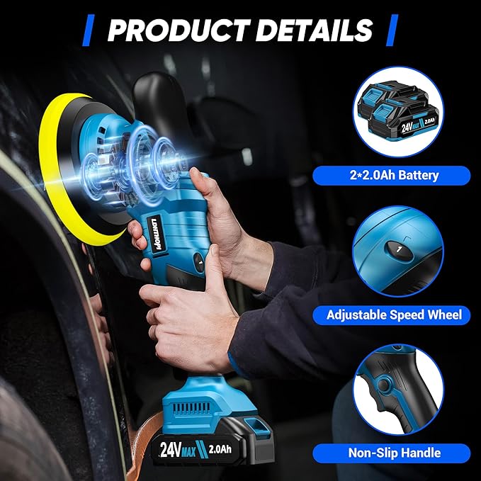 LDHTHOPI Cordless Buffer Polisher with 2×2000mAh Battery, 10000RPM 1600W High Power Car Polishing Kit with 6 Variable Speed, 23PCS Polishing Accessories for Car Polishing Waxing Detailing