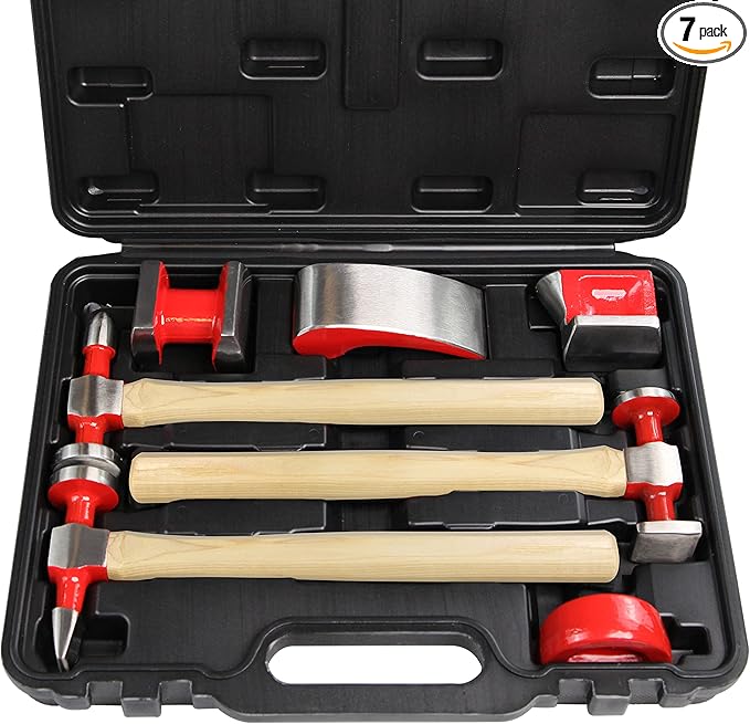 C&T 7 Piece Auto Body Repair Tool Hammer Dolly Set, Car Body Repair Tool Kit with Carrying Case, Hickory Handles