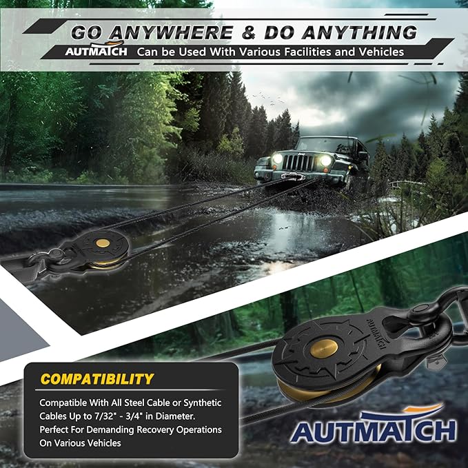 AUTMATCH Winch Snatch Block 18 Ton - Winch Pulley (79,366 Lbs) Break Strength, Heavy Duty Off Road Recovery Towing Pulley Blocks for Synthetic Rope or Steel Cable, Truck, UTV, ATV, Frosted Black