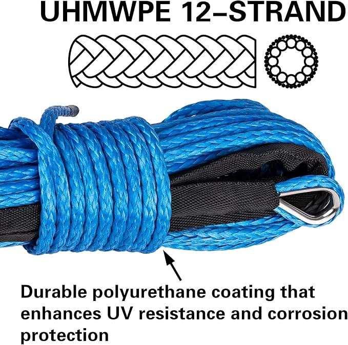 ATV UTV Synthetic Winch Rope Cable 3/16" x 50 ft, 8,300 lbs Pulling Strength, with Protective Sleeve, Safety Pull Strap, for 4X4 Offroad Vehicles (Blue, 3/16" x 50 ft)