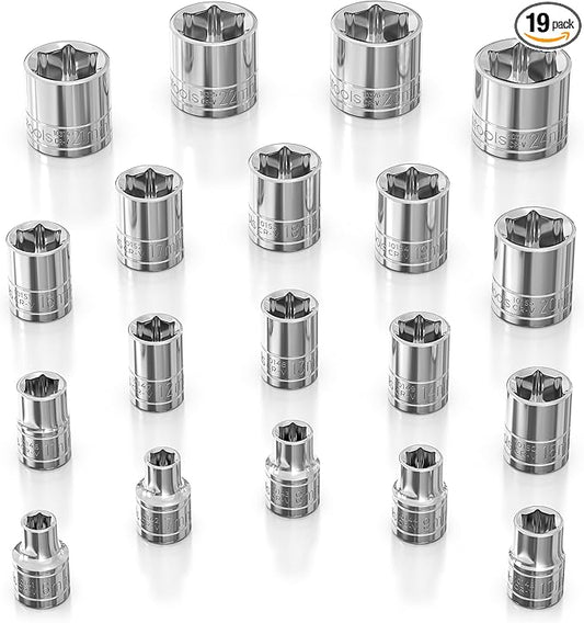 Olsa Tools Metric Shallow Socket Set - 3/8-Inch Drive, 19pc - 6-Point Chrome Sockets from 6mm–24mm and No Skipped Sizes - Mechanic Shallow Metric Socket Set - Professional Grade Sockets - Part: 1328