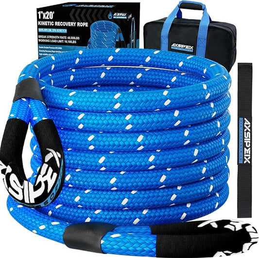 Kinetic Recovery Rope (Reflective) | 1in x 20ft 48,500Lbs Heavy Duty, 35% Elasticity Tow Rope - Offroad Snatch Strap for 4x4 Truck SUV UTV ATV Jeep