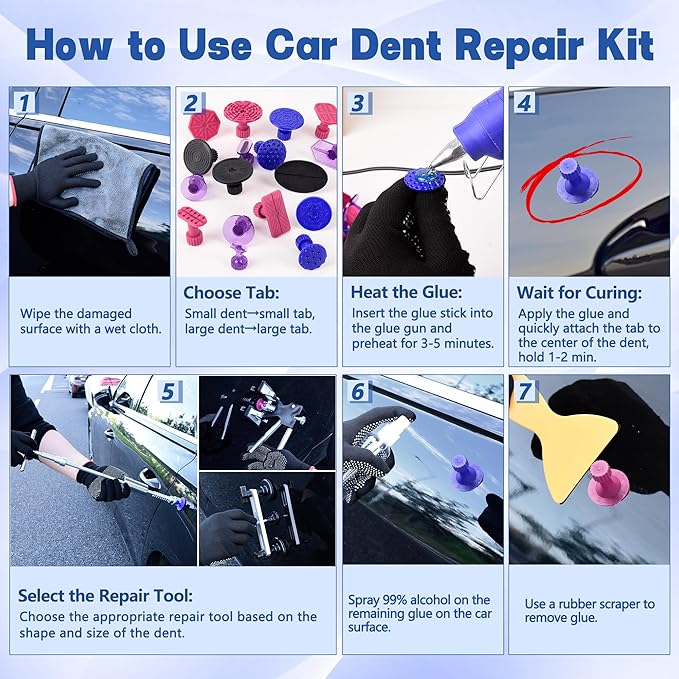 Car Dent Puller Kit, 140 PCS Paintless Dent Removal Kit with T-bar Dent Puller, Bridge Puller, Dent Lifter, Suction Cup Puller. Dent Remover Tool for Car Dents, Hail Damage, Door Ding Repair