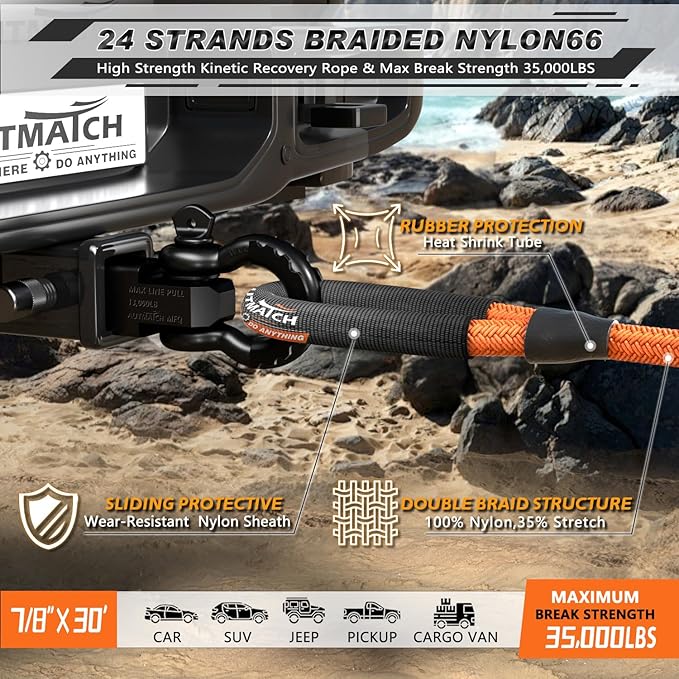 AUTMATCH Kinetic Recovery Tow Rope 7/8" x 30FT - Heavy Duty Energy Recovery Tow Rope 35000Lbs, 35% Elasticity Offroad Snatch Strap for 4x4 Off-Road Vehicle, Truck, Trailer, ATV, UTV, Orange