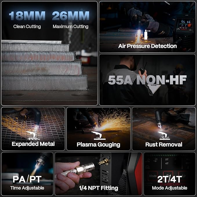 ARCCAPTAIN iControl [Non-HF] Plasma Cutter CUT55 MP with APP Control, 55Amp Blowback Pilot Arc, 120V/240V, Upgraded LED Display, Expanded Metal, Rust Removal, Plasma Gouging, Pressure Detection