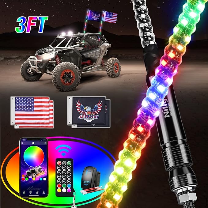 Nilight 2PCS 3FT RGB LED Whip Light, Remote App Control w/DIY Chasing Patterns Stop Turn Reverse Lighting Modes Safety Lighted Antenna for ATV UTV Polaris RZR Can-am Dune Buggy Jeep