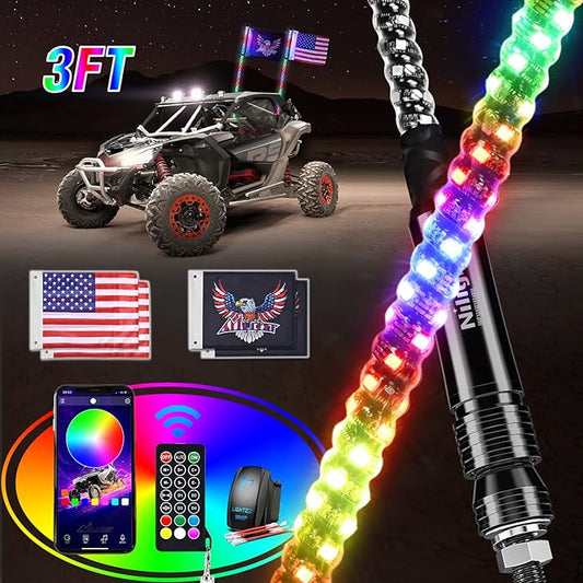 Nilight 2PCS 3FT RGB LED Whip Light, Remote App Control w/DIY Chasing Patterns Stop Turn Reverse Lighting Modes Safety Lighted Antenna for ATV UTV Polaris RZR Can-am Dune Buggy Jeep