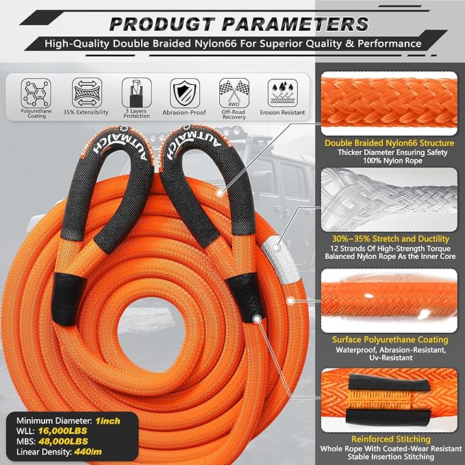 AUTMATCH Kinetic Recovery Tow Rope 1" x 30FT - Heavy Duty Energy Recovery Tow Rope 48000Lbs, 35% Elasticity Offroad Snatch Strap for 4x4 Off-Road Vehicle, Truck, Trailer, ATV, UTV, Orange