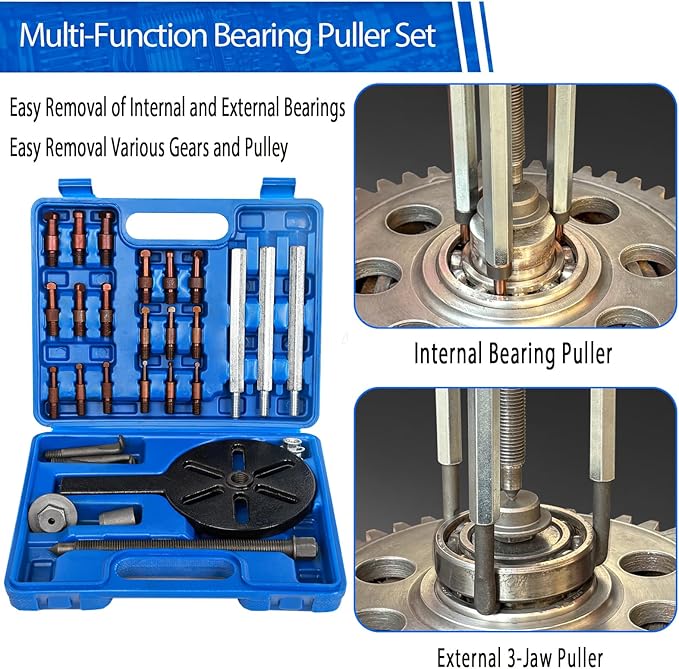 21 in1 Bearing Puller, Bearing Puller Set, Inner Hole Three-Jaw Puller, with Curved Hook and Red Steel Collet Multifunctional Bearing Removal Tool, with Heavy Duty Portable Storage Case Blue