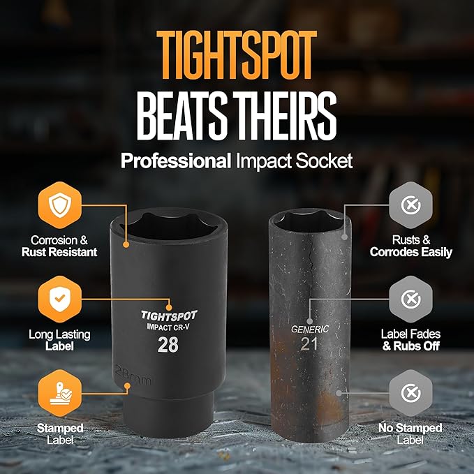 TIGHTSPOT 1/2 Inch Drive 28 mm Deep Impact Socket with Anti-Rounding 6 Point Design, Heat-Treated CRV Steel