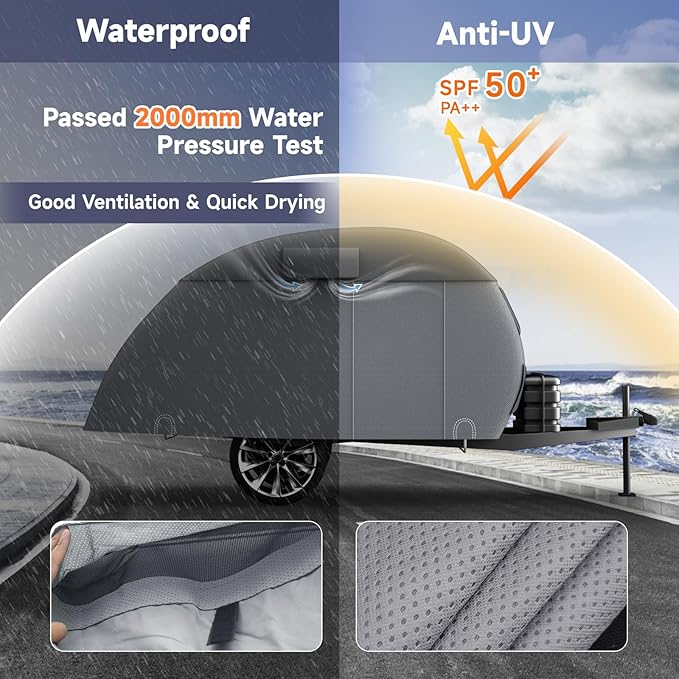VINPATIO Teardrop Camper Cover - Fits 12'-15' Trailers, 7 Layers Top Heavy Duty with Windproof Strap, RV Cover