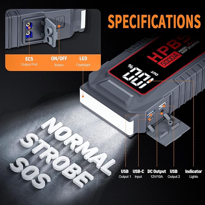 Car Jump Starter - 5000A Peak Jump Starter Battery Pack with DC for Up to All Gas and 10.0 L Diesel Engines, 12V Portable Battery Jump Starter with 3.0" LCD Display