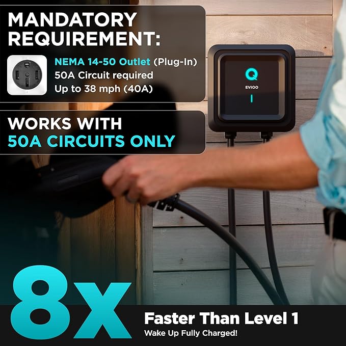EVIQO Level 2 EV Charger 40 Amp - 9.6 kW 240V Wall Home EV Charger Level 2, NEMA 14-50 Plug, J1772 25' Cable - Enhanced Wi-Fi – UL, ETL Certified EVSE, Smart Electric Vehicle Charging Stations – GEN 2