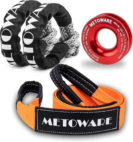 METOWARE Snatch Block Ring, Winch Pulley with 2PC 1/2'' Soft Shackle, 3" X 8' Tree Saver Strap Recovery Kit for Off-Road Sailing UTV, ATV, Trucks